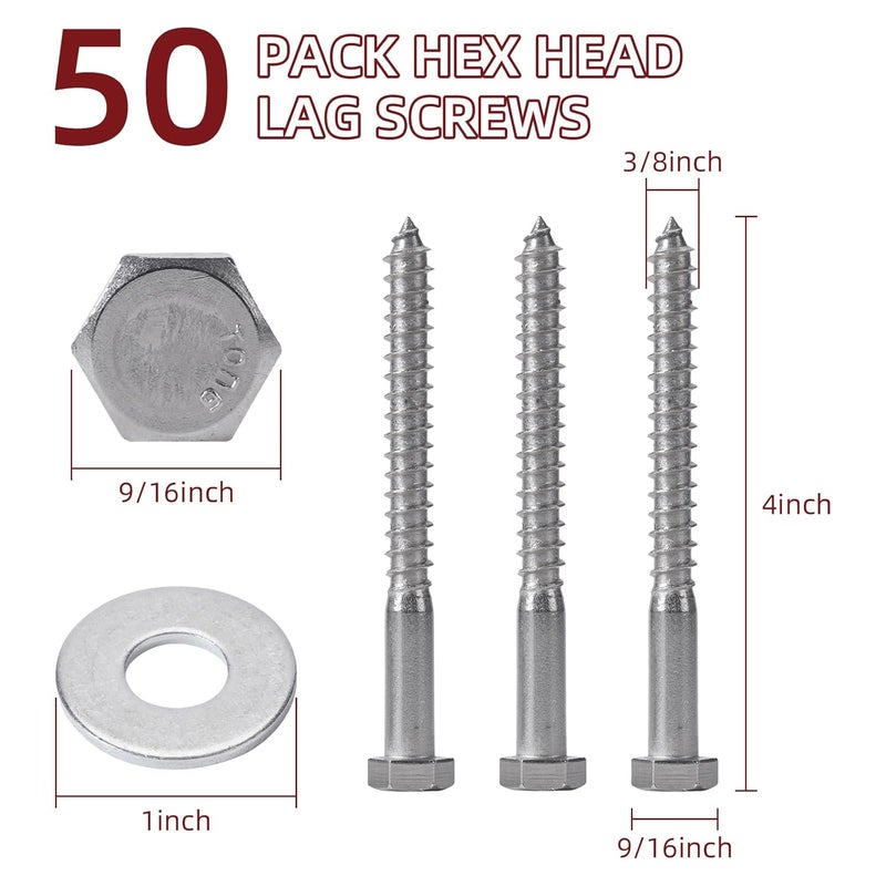 AiVeUao 50 Pack 304 Stainless Steel Wood Lag Screw, 3/8" x 4" Hex Head Lag Bolts, Heavy Duty Hex Head Lag Screws, Wood Screws 18-8 - Image 2